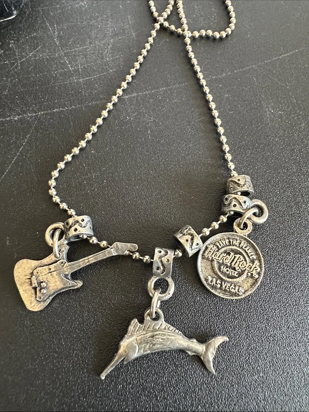Hard Rock Cafe Las Vegas Black Braided Leather Charm Bracelet/Necklace Set